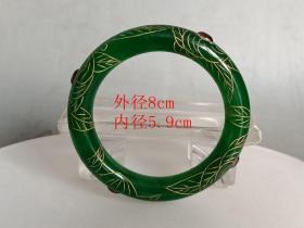 清代传世刻画镶嵌红宝石冰种 满绿翡翠 手镯