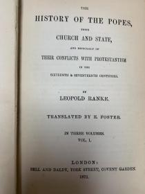 Ranke's  History of The Popes     兰克的《教皇史》  全三卷 漆布面精装   书脊烫金   1873年老版书