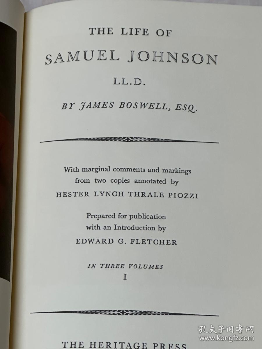 The Life of Samuel Johnson with Marginal Comments by Mrs Piozzi 约翰逊传 约翰逊女友注释版 全3卷 布面精装 书脊烫金 1804年版第四版 老版书重印本      此书已经有上海译文出版社的全译本 共三册   但书名译成了 《约翰生传》