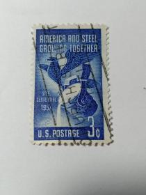 美国邮票 3c 1957年钢铁业百年 鹰 炼钢炉 雕刻版