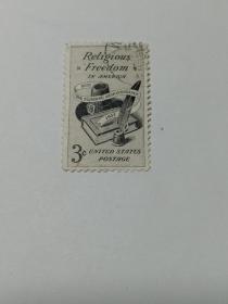 美国邮票 3c 1957年宗-教自由 羽毛笔 雕刻版