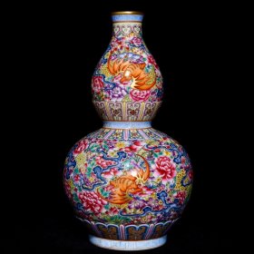 清乾隆粉彩万花描金五福葫芦瓶25.5x14.5厘米