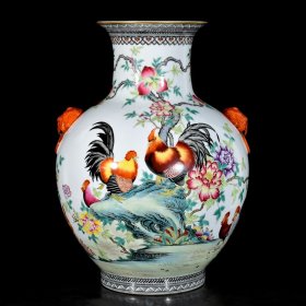 清乾隆珐琅彩花鸟冠上加官大吉大利兽耳瓶52x39厘米