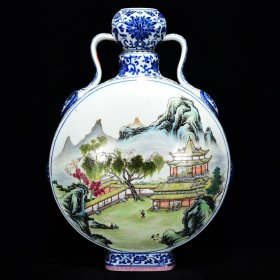 清乾隆青花粉彩亭台楼阁纹扁瓶39.5*30厘米