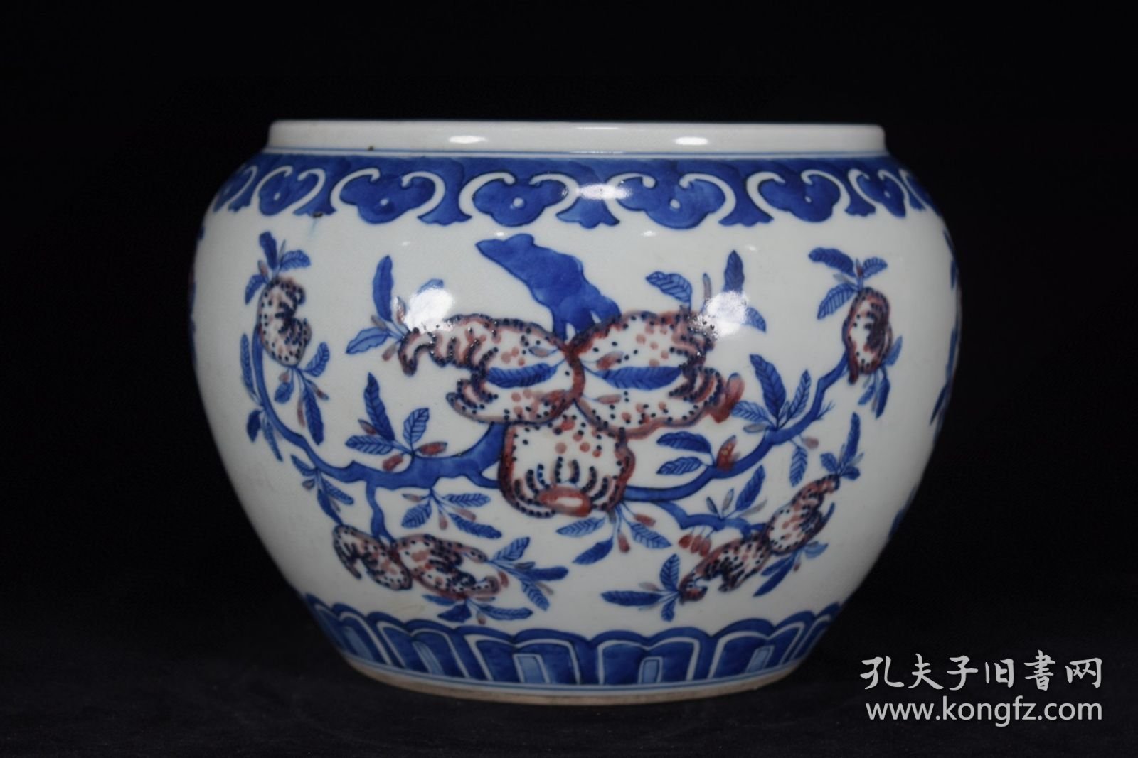 清康熙青花釉里红福禄寿三多纹笔洗20x24厘米