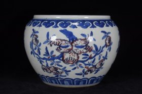 清康熙青花釉里红福禄寿三多纹笔洗20x24厘米