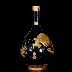 清乾隆乌金釉鎏金浮雕龙纹长颈瓶56x28厘米