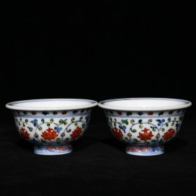 明永乐青花五彩狮子滚绣球纹压手杯5.2x9.5厘米