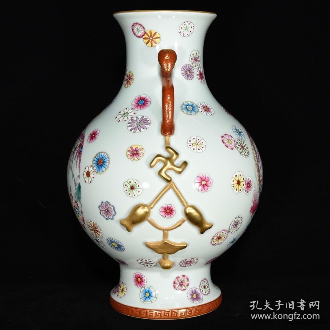 清乾隆粉彩皮球花团凤纹如意耳瓶31.5×23厘米