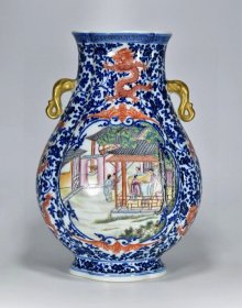 清乾隆青花粉彩西厢记刮棱象鼻尊38x26厘米