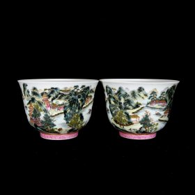 清嘉庆粉彩山水亭台楼阁纹碗10×14.3厘米