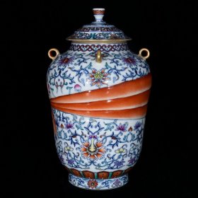 清乾隆青花斗彩绶带缠枝花卉纹盖尊