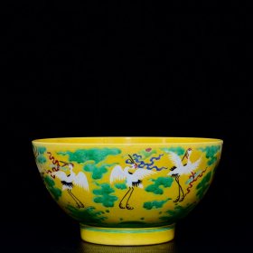 清雍正素三彩雕刻仙鹤八宝纹大碗15x29 厘米