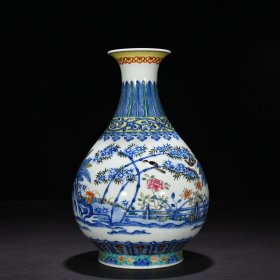 清光绪青花斗彩竹石芭蕉纹玉壶春瓶28*17厘米