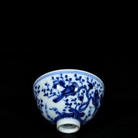 明永乐青花花鸟喜上眉梢纹鸡心杯一对5.8x9.6 厘米