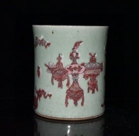 清豆青釉釉里红博古花笔筒17.4x15厘米