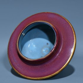 宋钧窑玫瑰紫釉包口鎏金刻人物纹将军罐