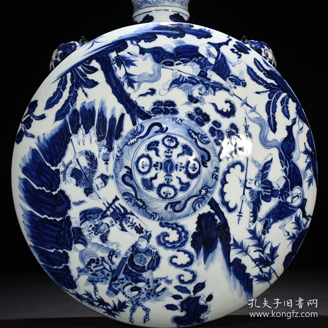 元青花单骑救主人物纹卧壶壁壶