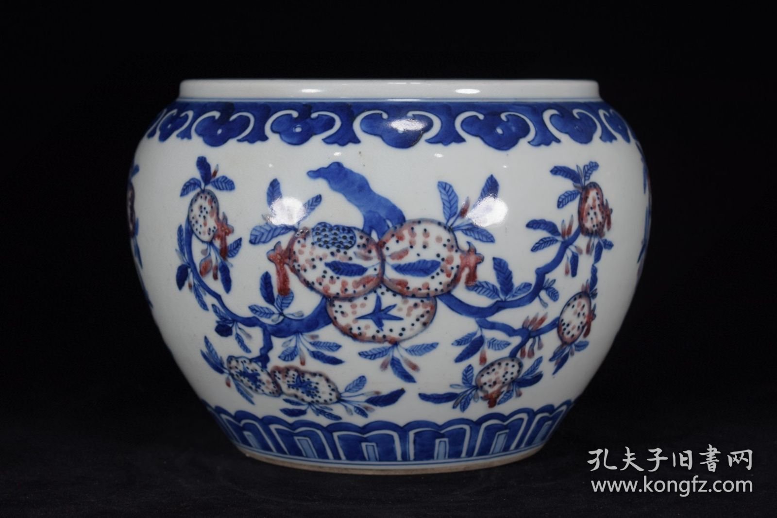 清康熙青花釉里红福禄寿三多纹笔洗20x24厘米