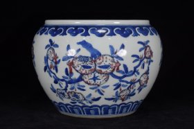 清康熙青花釉里红福禄寿三多纹笔洗20x24厘米