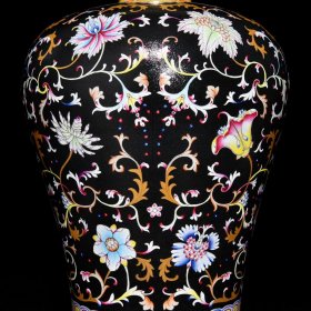 清乾隆乌金釉爬花粉彩描金花卉纹大梅瓶55.5x39厘米