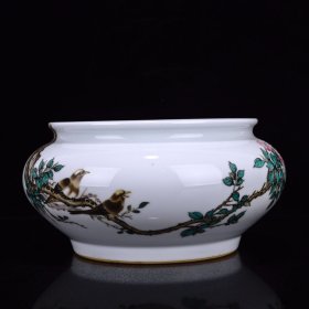 清雍正粉彩花鸟笔洗12*24厘米
