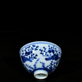 明永乐青花花鸟喜上眉梢纹鸡心杯一对5.8x9.6 厘米