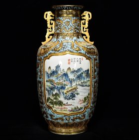 清乾隆古铜瓷浮雕粉彩山水纹双耳瓶38*20厘米