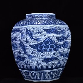 明嘉靖青花海水鱼纹罐42*38厘米