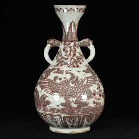 元白浒孤窑釉里红龙凤呈祥纹象鼻瓶35x20厘米