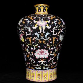 清乾隆乌金釉爬花粉彩描金花卉纹大梅瓶55.5x39厘米