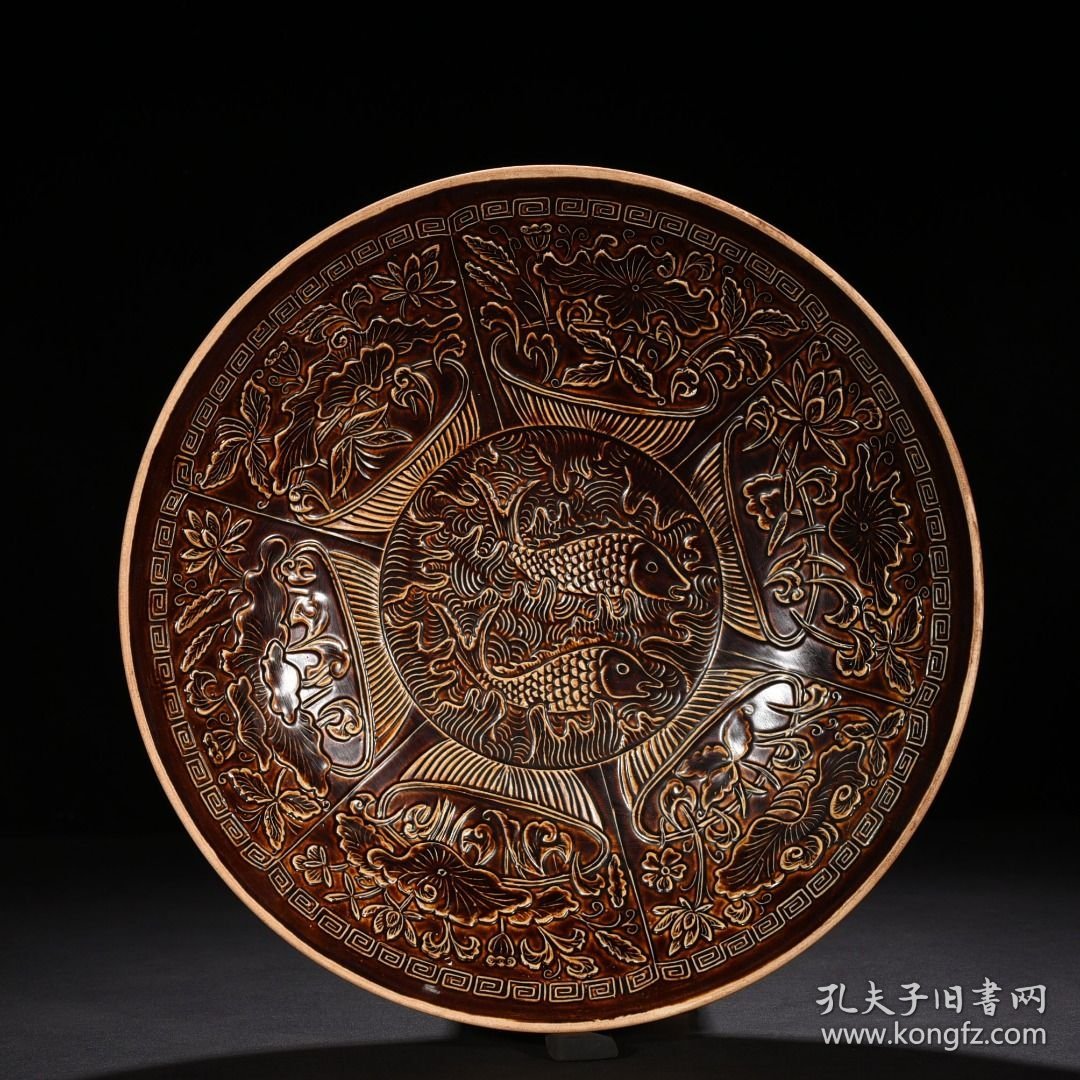 宋定窑官款紫定鱼藻纹碗6.5*34厘米