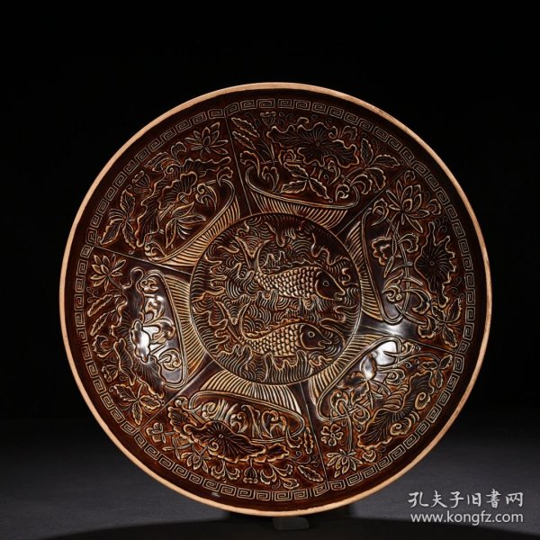 宋定窑官款紫定鱼藻纹碗6.5*34厘米