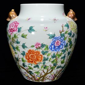 清乾隆粉彩描金花卉纹狗头罐33*32厘米