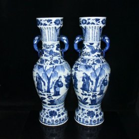 元青花三顾茅庐人物故事象耳瓶一对62×23厘米