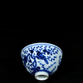 明永乐青花花鸟喜上眉梢纹鸡心杯一对5.8x9.6 厘米