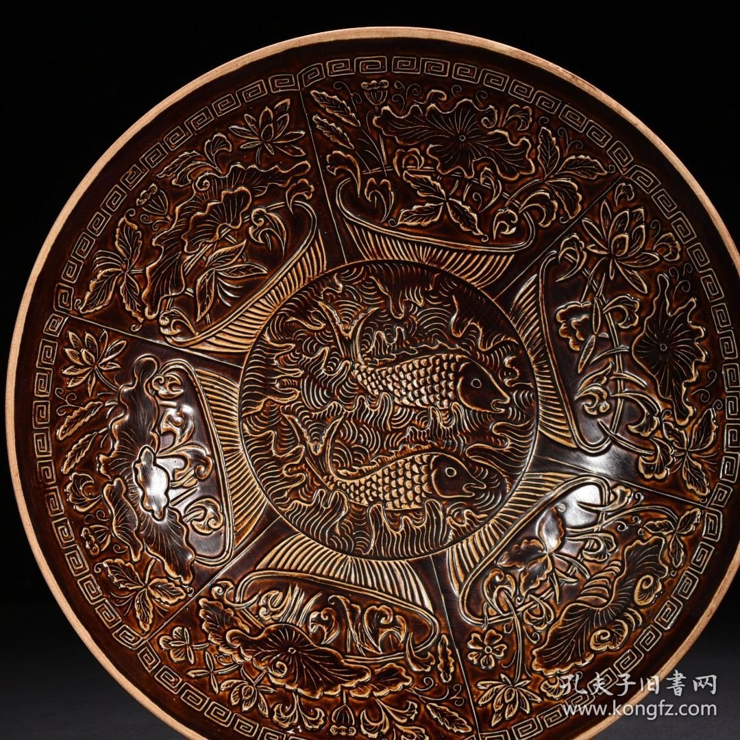 宋定窑官款紫定鱼藻纹碗6.5*34厘米