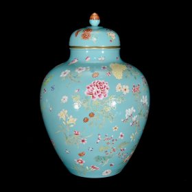 清乾隆松石釉粉彩花卉纹罐42×29厘米