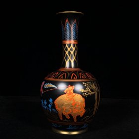 宋汝窑大漆彩绘春耕图长颈瓶28x14厘米