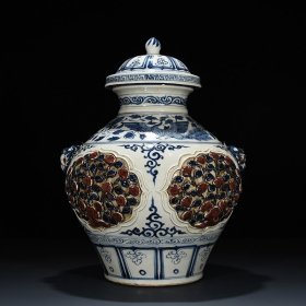 元青花釉里红贴塑四季花卉纹盖罐 45×30厘米