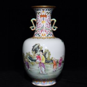 清乾隆粉彩仕女带子图双耳瓶32.5x18厘米