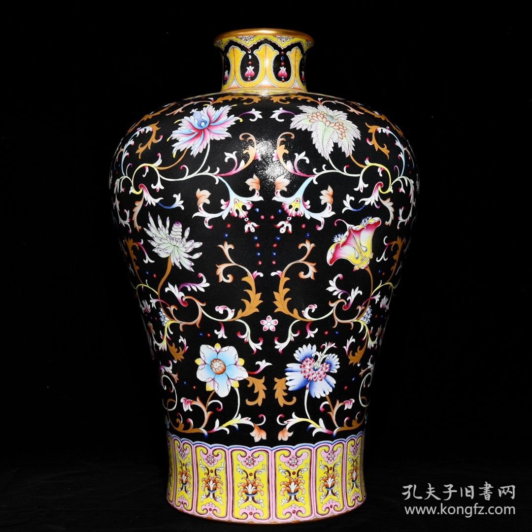 清乾隆乌金釉爬花粉彩描金花卉纹大梅瓶55.5x39厘米
