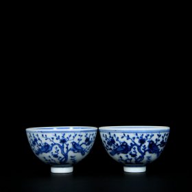 明永乐青花花鸟喜上眉梢纹鸡心杯一对5.8x9.6 厘米