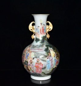 清乾隆珐琅彩描金群仙祝寿双耳瓶26.5x15厘米