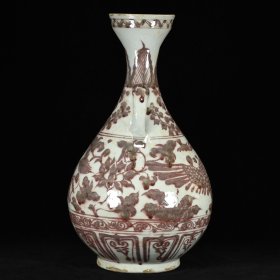 元白浒孤窑釉里红龙凤呈祥纹象鼻瓶35x20厘米