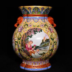 清乾隆黄地粉彩鎏金西洋人物象鼻尊26.8x19.5厘米