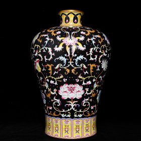 清乾隆乌金釉爬花粉彩描金花卉纹大梅瓶55.5x39厘米
