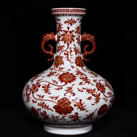 乾隆矾红描金花卉纹双耳盘口瓶28x22厘米