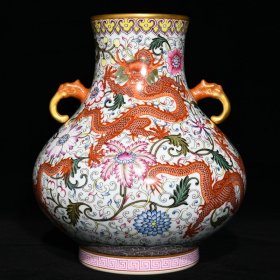 清乾隆粉彩描金穿花龙纹象耳尊26x24厘米