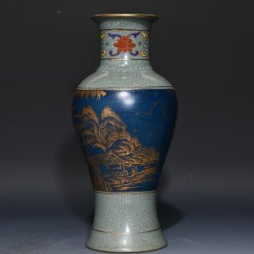 宋汝窑粉彩描金山水纹瓶27.5x13厘米